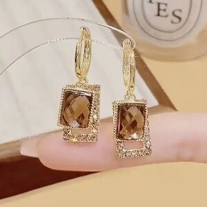 New Golden Elegance: Vintage Smoky Quartz Frame Drop Earrings Luxury Evening